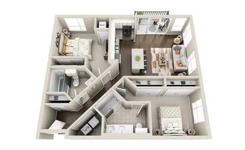 Floor plan for 2 beds, 2 baths, 968 sqft